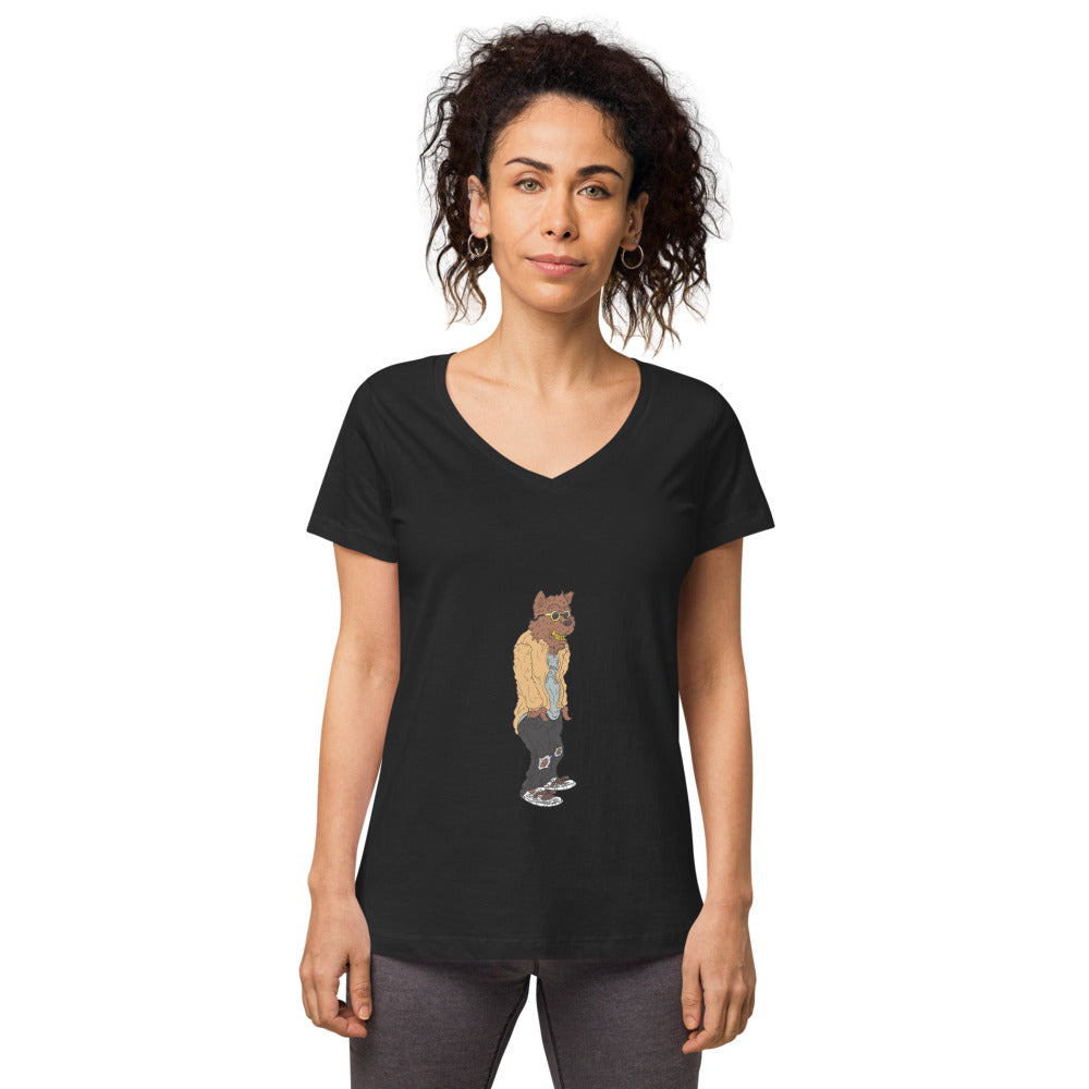 Cali Bear Women’s fitted v-neck t-shirt black front