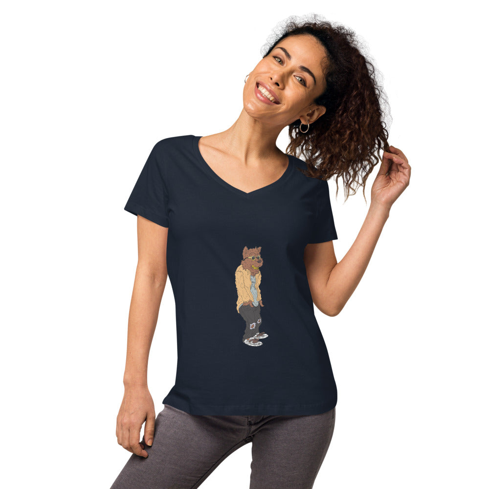 Cali Bear Women’s fitted v-neck t-shirt navy front 2