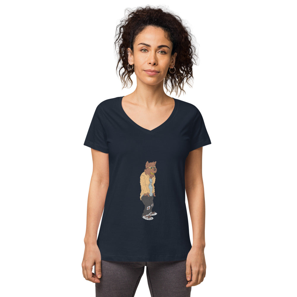 Cali Bear Women’s fitted v-neck t-shirt navy front 